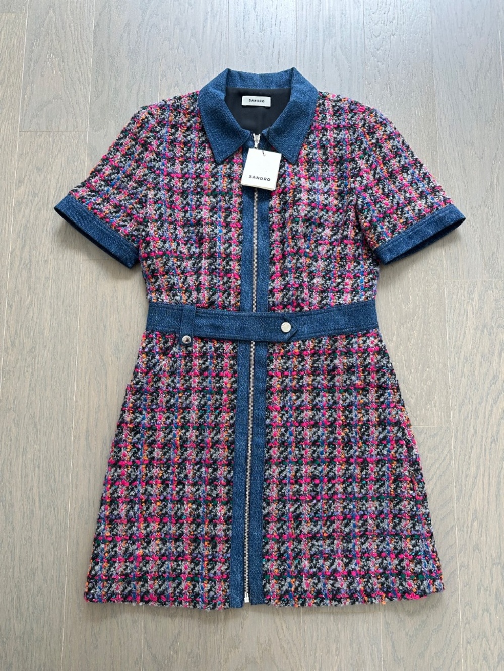 Sandro Pink Tweed Checked Denim Zip Front Coat Dress - With Tags - FR 38 = US 6 - Picture 3 of 9
